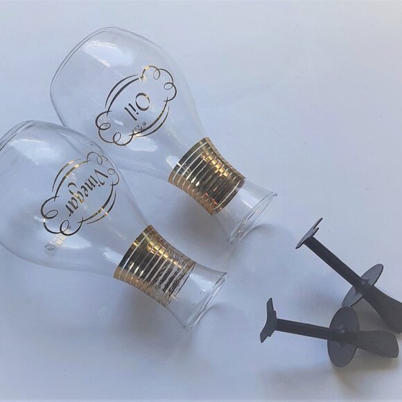 VTG Pyrex Oil & Vinegar Glass Cruets with Tops Gold Bands Original Stoppers - Picture 6 of 12